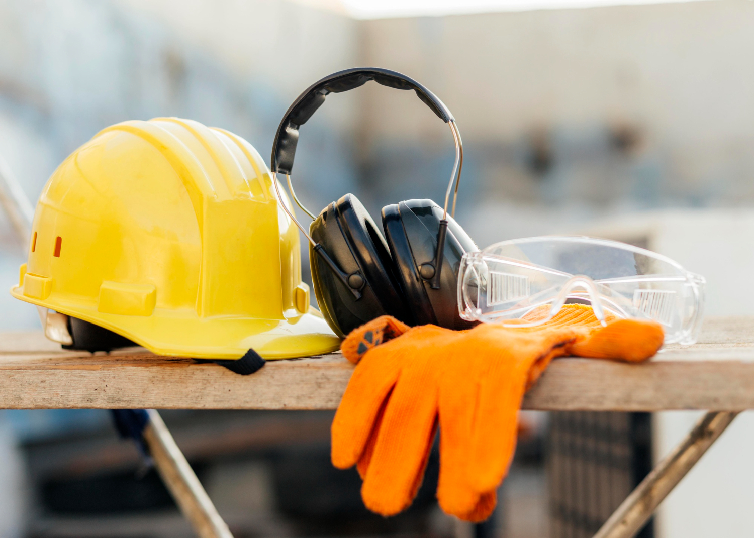 A flat lay of different safety equipment including helmets, ear protection, respirators, gloves, and safety glasses.